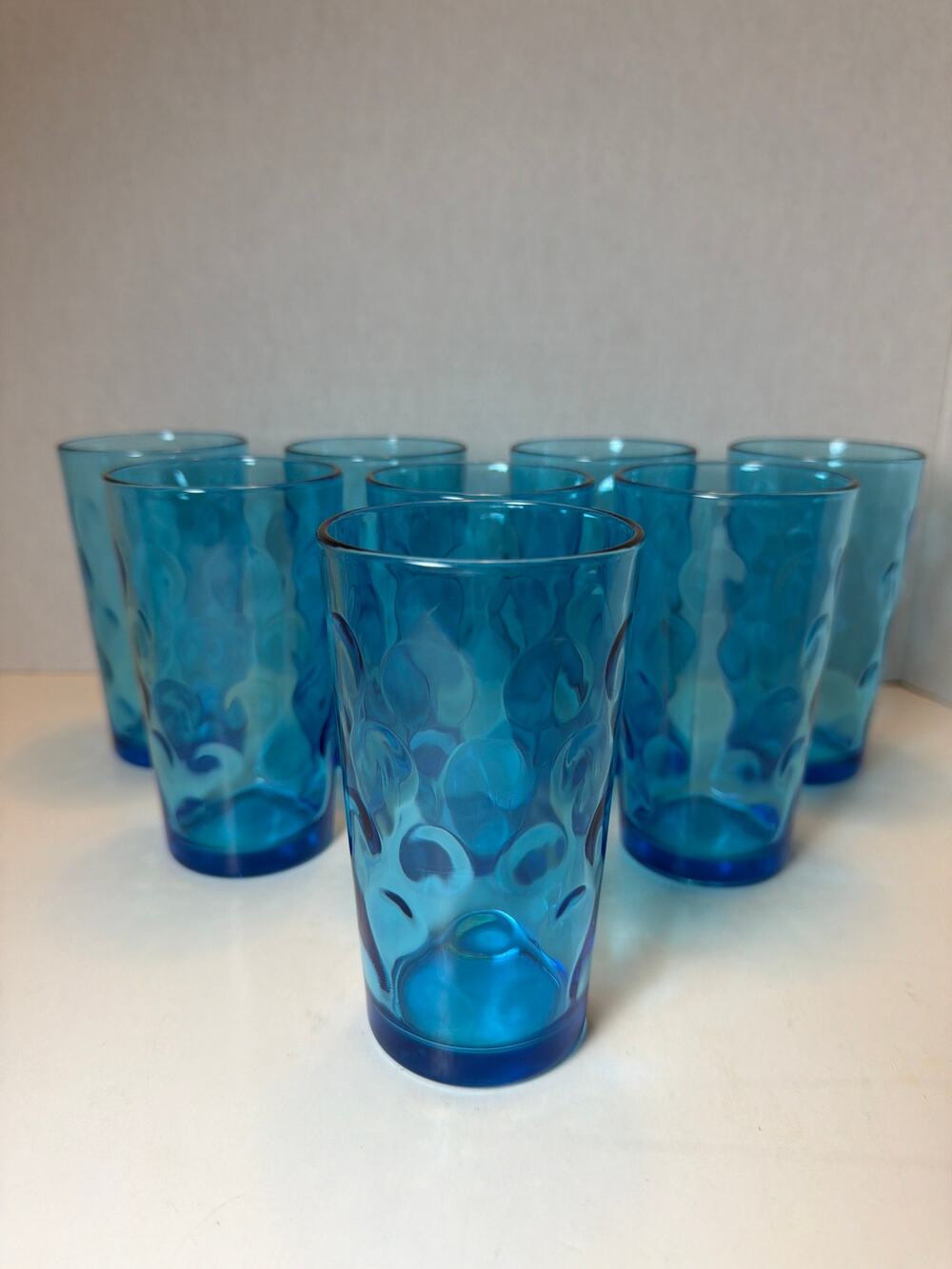 (8) Vintage Hazel Atlas El Dorado Blue Tumblers Mid Century Raindrop Dot